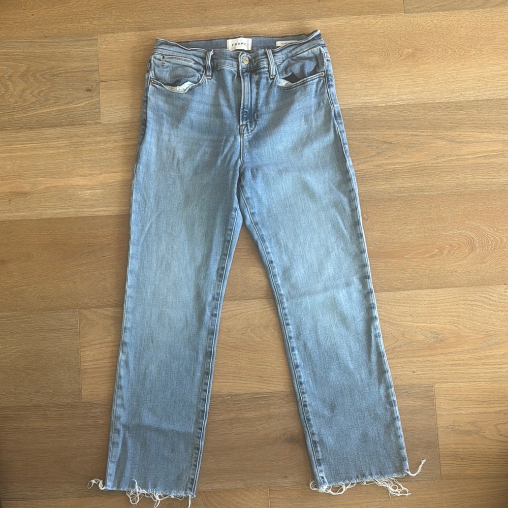 Blue Straight Leg Jeans with Frayed Hem